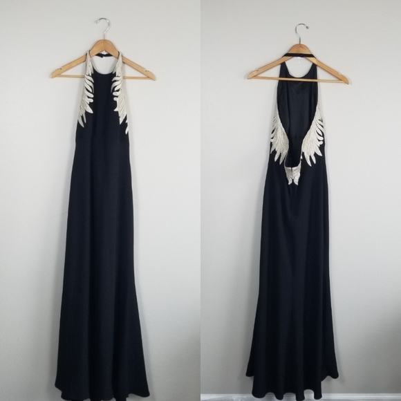 Carmen Marc Valvo Luxury Embroidered Wings Black Halter Maxi Gown Size 14 - Picture 10 of 12